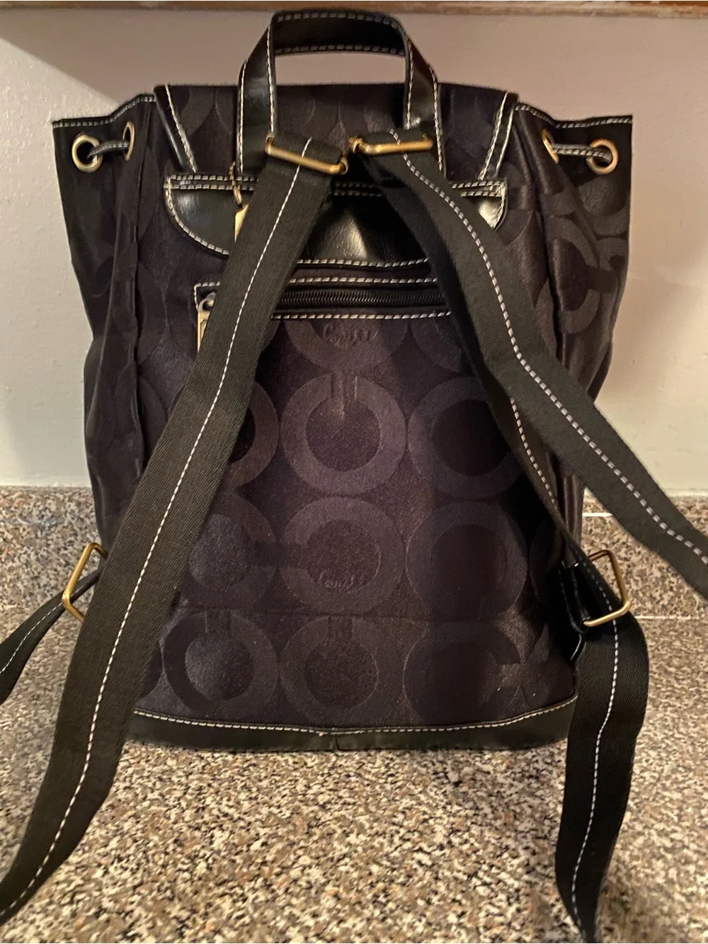 Coach Black Signature Canvas Drawstring Backpack with Leather Trim - Picture 5 of 9